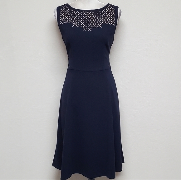 ANNE Klein Navy Blue Sleeveless Fit & Flare Lazer Cut Natural Waist Midi Dress - Picture 2 of 12